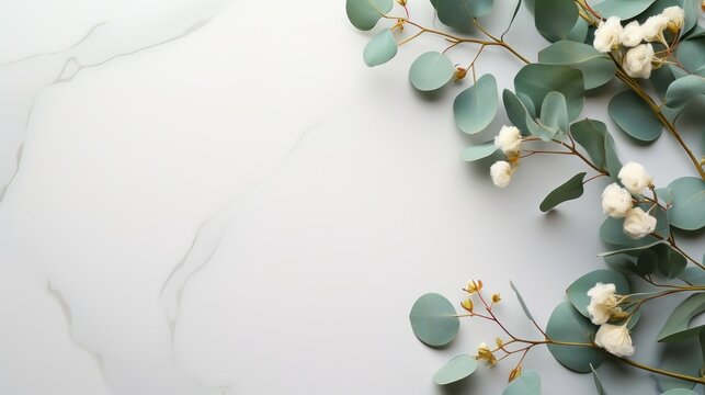 Eucalyptus branches on pastel gray background with copy space Top view . Mockup image