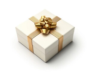 Merry Christmas and Happy New Year Cream 3D Gift Box with Gold Ribbon on White Background. Luxurious Holiday Concept.