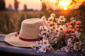 A straw hat and a bouquet of wild flowers on a wooden bench in a field at sunset on a summer evening.