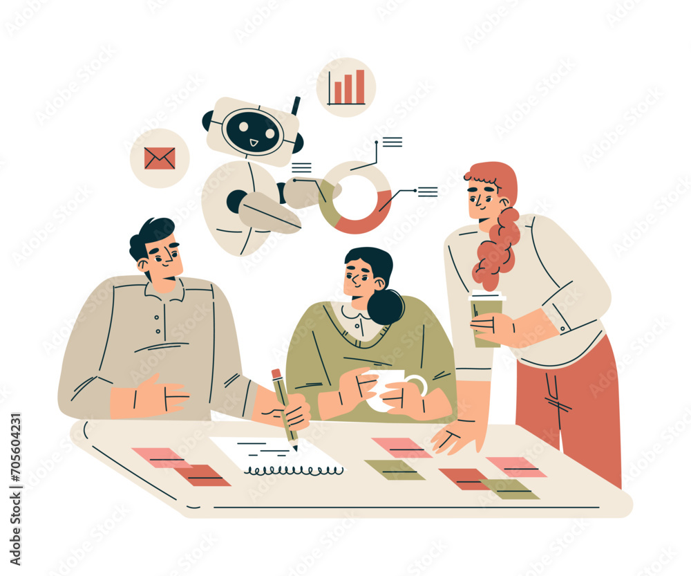 Poster artificial intelligence with man and woman character discuss business with bot vector illustration