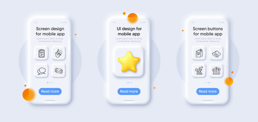 Currency rate, Refresh mail and Jazz line icons pack. 3d phone mockups with star. Glass smartphone screen. Document attachment, Checklist, Microscope web icon. Vector