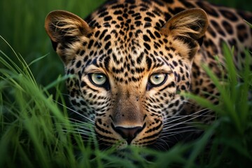 Obraz premium Agile Leopard field grass animal. Carnivore predator. Generate Ai