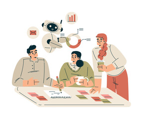 Artificial Intelligence with Man and Woman Character Discuss Business with Bot Vector Illustration