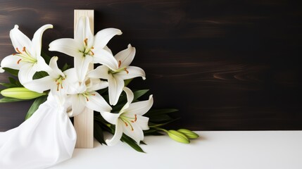 Christianity wooden cross with white lilies and silk ribbon on white background with copy space. Religion holidays concept. Christian religion background. Flat lay. Template