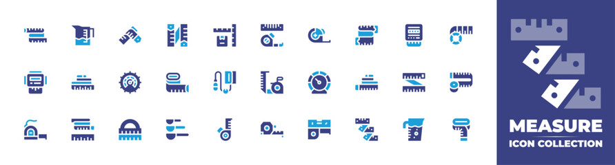 Measure icon collection. Duotone color. Vector and transparent illustration. Containing measuring tape, size, electric meter, hypertension, measuring jug, measure cup, measure tape, tape measure. - obrazy, fototapety, plakaty