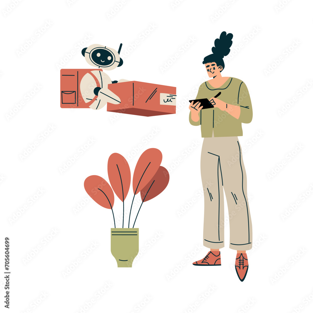 Poster artificial intelligence with woman character receive parcel with bot delivery service vector illustr