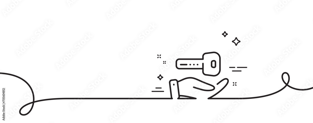 Poster buying house line icon. continuous one line with curl. new home key sign. rent property symbol. buyi