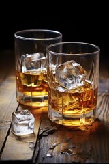Two glasses of single malt Scottish whisky with ice on a wooden table.