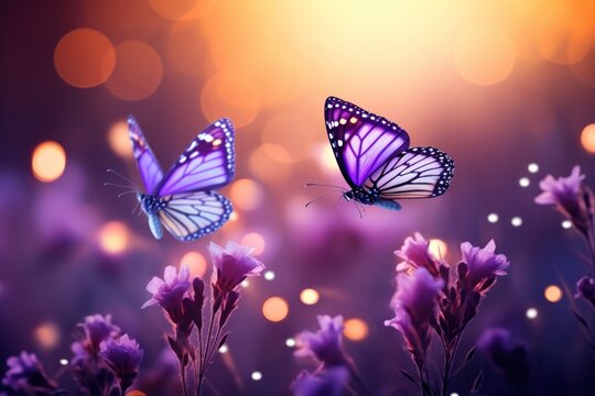 Sunny summer nature background with fly butterfly and lavender flowers with sunlight and bokeh. Outdoor nature banner