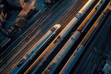 Obraz premium Aerial view of high-speed trains sitting parked at a maintenance base