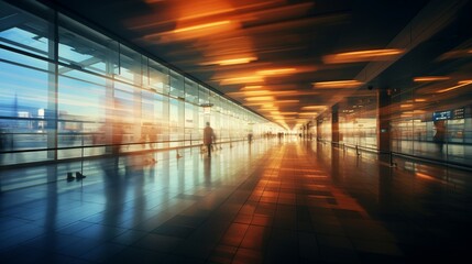 Vibrant City Life at Blurred Airport - Urban Commuters in Fast Motion, Modern Transportation Hub with Energetic Atmosphere