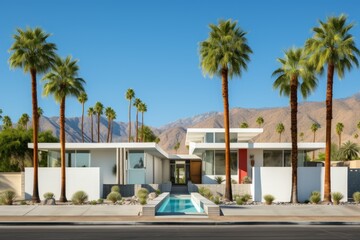 Fototapeta na wymiar Modern mid-century house architecture and palm trees in Palm Springs, California