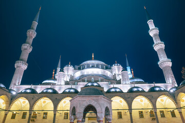 Sultanahmet Camii or Blue Mosque view at night. Ramadan or islamic background