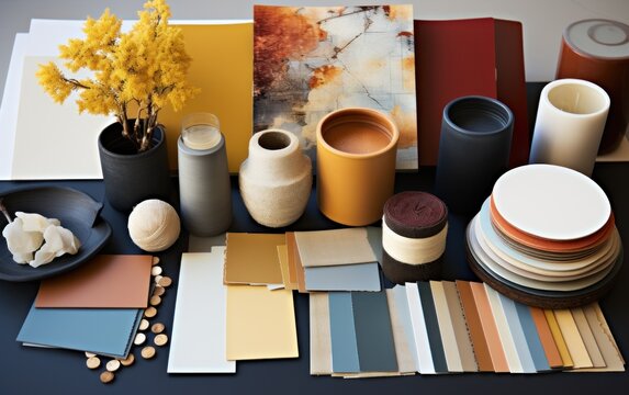 Interior design mood board with fabric and paint swatches