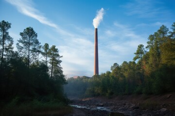 Fototapeta na wymiar A 750-foot smokestack rises over the trees at Power's Plant Hammond in Rome, .
