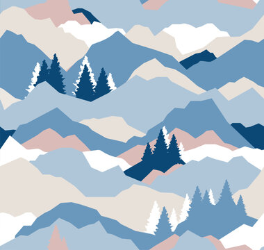 seamless Pattern of landscape, sunrise in the mountains, panoramic view. illustration of beautiful dark blue mountain landscape with fog. Sunset in mountains. Hills and rocks. © Aglaia