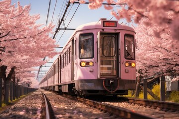 View of Japanese Kyoto local train traveling on rail tracks with flourishing cherry blossoms along the railway in Kyoto, . Sakura season, spring