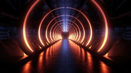 Three dimensional  of dark empty corridor illuminated by neon arches