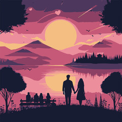 Fototapeta premium Vector illustration of a couple in the park. Happy Valentine's Day.