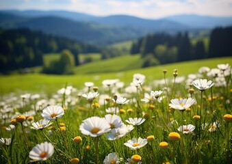 Beautiful natural spring summer landscape of a flowering meadow in a hilly area on a bright sunny day. Many flowers in a field in green grass. Small zone of sharpness.