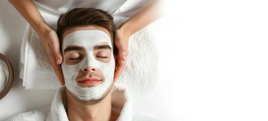 Papier Peint photo Lavable Spa Top view of handsome young man relaxing with facial mask at spa with copy space, Healthy wellness, Healthcare lifestyle, Life balance Concept