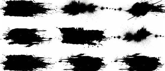Black dried paint splattered in dirty style. Isolated black ink stencils for graphic design, text fields. Artistic texture of ink brush strokes, splatter stains, callout. Paintbrush, stroke  set