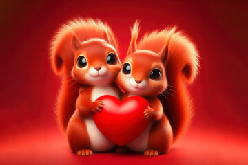 Cute red squirrel couple holding a red heart isolated on red background. ai generative