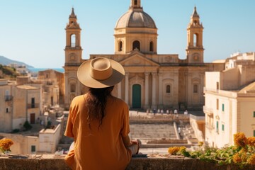 Tourist with hat in front of Palazo Nicolaci in Noto, Sicily.