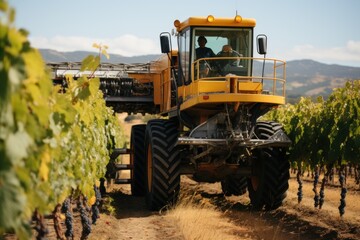 Large machines traveling down rows of grapes harvesting