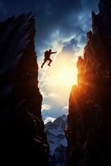 Silhouette of Mountain Climber Jumping over Gap