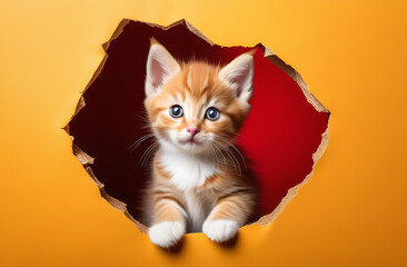 In the yellow paper background there is a torn hole with jagged edges and a cute red, fluffy kitten peeks out, paw stretched forward