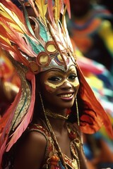 Dancers in ornate colourful national costumes at a carnival in Trinidad.