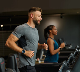 Fototapeta na wymiar gym sport fitness exercise health healthy man treadmill training running equipment fit machine active workout body woman activity athlete cardio run club