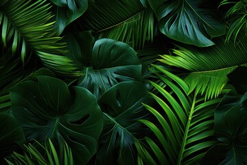 closeup nature view of palms and monstera and fern leaf background. Flat lay, dark nature concept, tropical leaf.