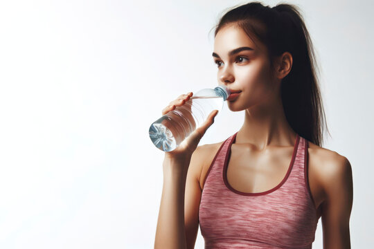 Portrait of a girl athlete who drinks water from a transparent bottle on white background copy space. ai generative