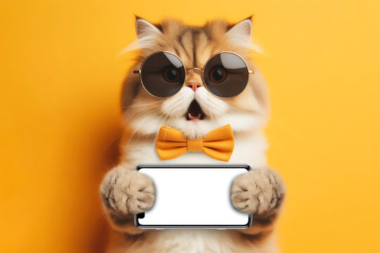 Shocked cat in sunglasses holding smartphone with white mockup screen on solid yellow background. ai generative