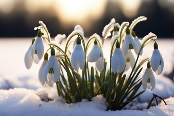 Blooming snowdrop flowers on the snow, selective focus blur. A beautiful card for the holiday in March.