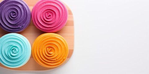 Top view of Rainbow sponge cake on white background with copy space Delicious fresh baked healthy vegan tasty homemade dessert