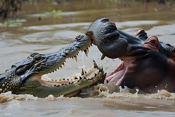 Crocodile fights hippo