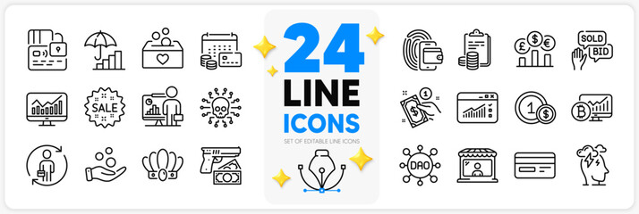 Icons set of Market seller, Inflation and Statistics line icons pack for app with Money calendar, Robbery, Wallet thin outline icon. Bid offer, Card, Dao pictogram. Replacement. Vector