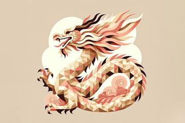 Stylized Chinese dragon with abstract triangle design in pastel colors on beige background symbol of 2024 year