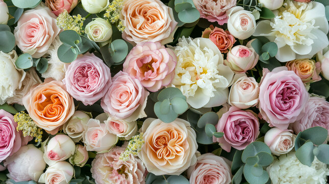 Floral wall close up with garden roses,eucalyptus, peonies, ranunculuses. fresh pastel spring colors.