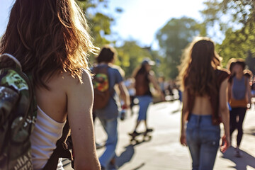 Teenagers are having fun,  walking and talking in the park or in the school yard. Some have skateboards or rollerblades.