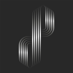 Initials monogram dp or pd letters logo silver linear emblem, combination two letters d and p, 3d effect metallic gradient parallel lines pattern, overlapping striped shapes.
