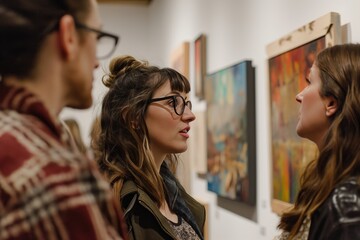 People in an art gallery looking at artwork. It's a gallery opening with artist and gallery owner guiding people through the exhibition. 