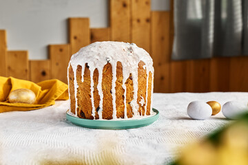 Traditional easter cake or sweet bread with topping and icing. Easter treat.