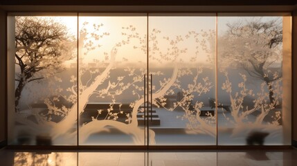 Frosted glass decorative window, elegant detail in interior design. Japanese style