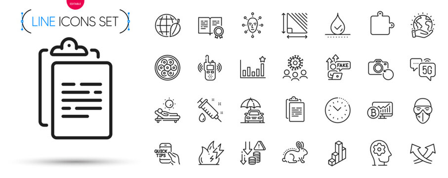 Pack of Transmitter, Fire energy and 5g internet line icons. Include Medical mask, Cable section, Face biometrics pictogram icons. Brain working, Clipboard, Education signs. Vector