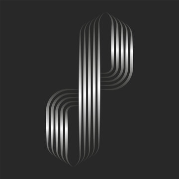 Initials monogram dp or pd letters logo silver linear emblem, combination two letters d and p, 3d effect metallic gradient parallel lines pattern, overlapping striped shapes.