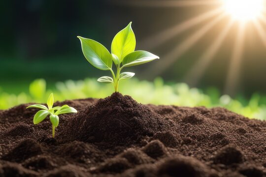 Young Plants With Sunlight On The Soil. Concept Save The World And Energy Power.